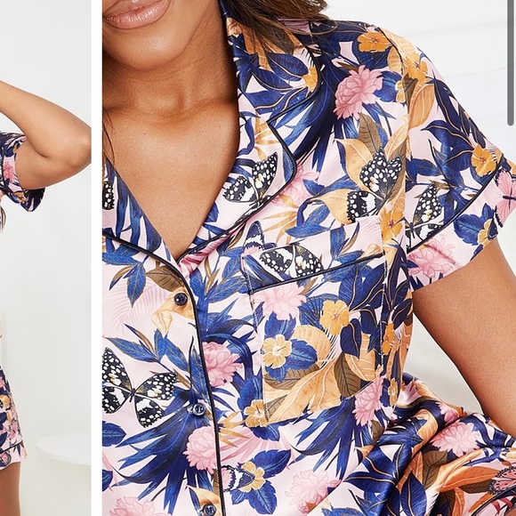 Pretty Little Things Pink Satin Butterfly Floral Shorts Button Top PJ Set NWT 6 - Picture 3 of 16